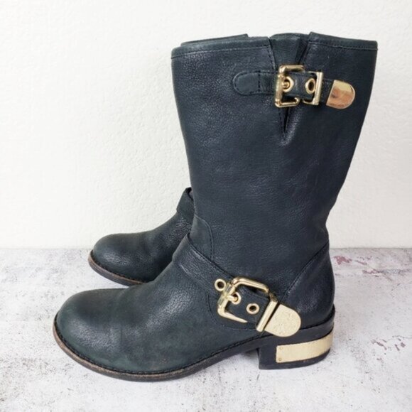 Vince Camuto Winchell Pebbled Leather Moto Boots Black Gold size 5.5 M - Picture 5 of 16